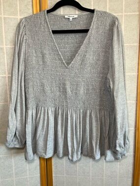 Madewell Smocked Peplum Top Gray V-Neck Long Sleeve XL Boho